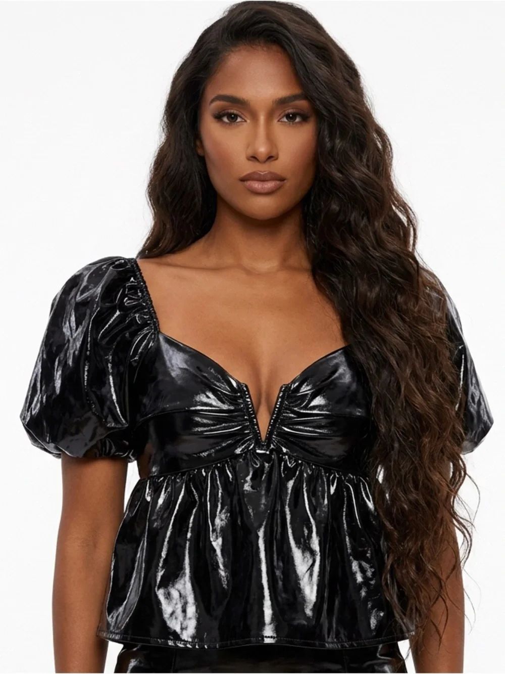 BUDDY LOVE | Black Patent Puff-Sleeve V-Neck Top Women’s Size Medium